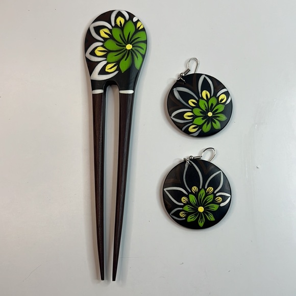 Wood Earrings Necklace Hair Comb Set - Picture 6 of 16